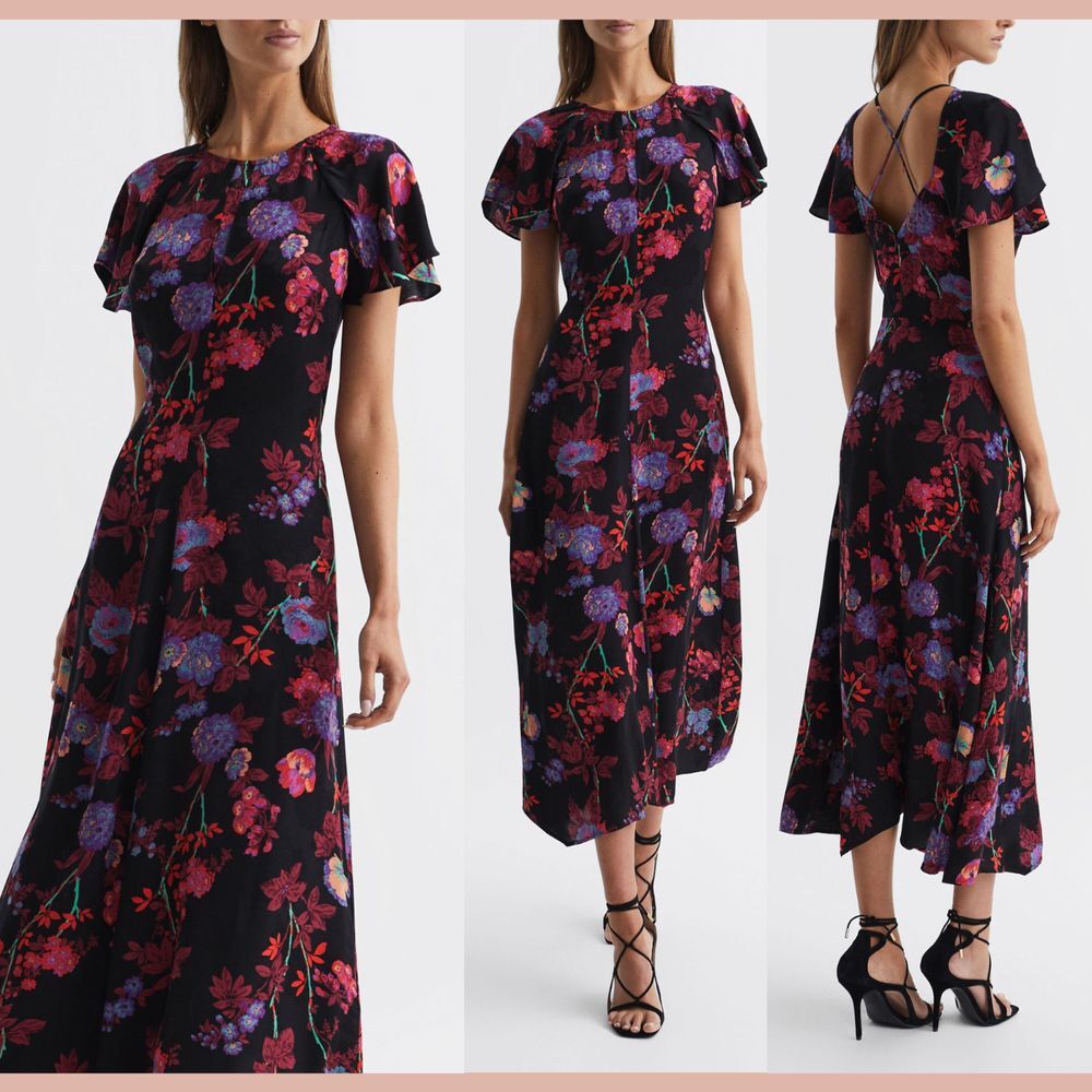 NEW $400‎ REISS [ 12 ] Leni Floral Print Cap Sleeve Midi Dress Black